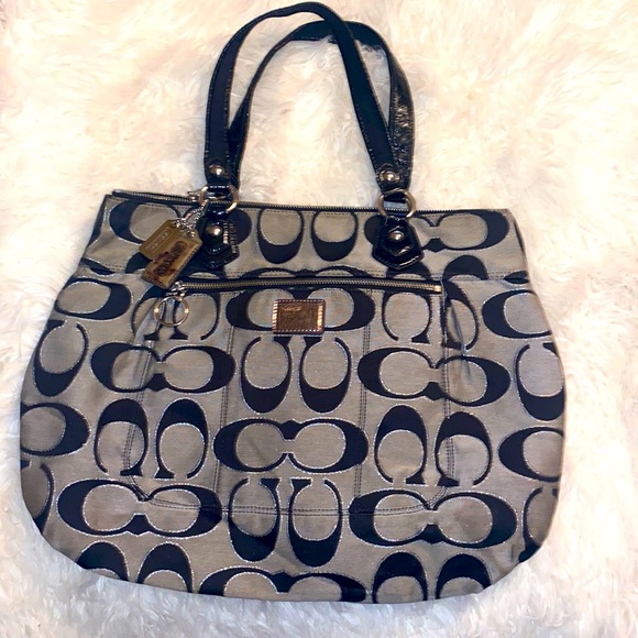 COACH BLACK & SILVER POPPY MONOGRAM HANDBAG - Picture 1 of 5